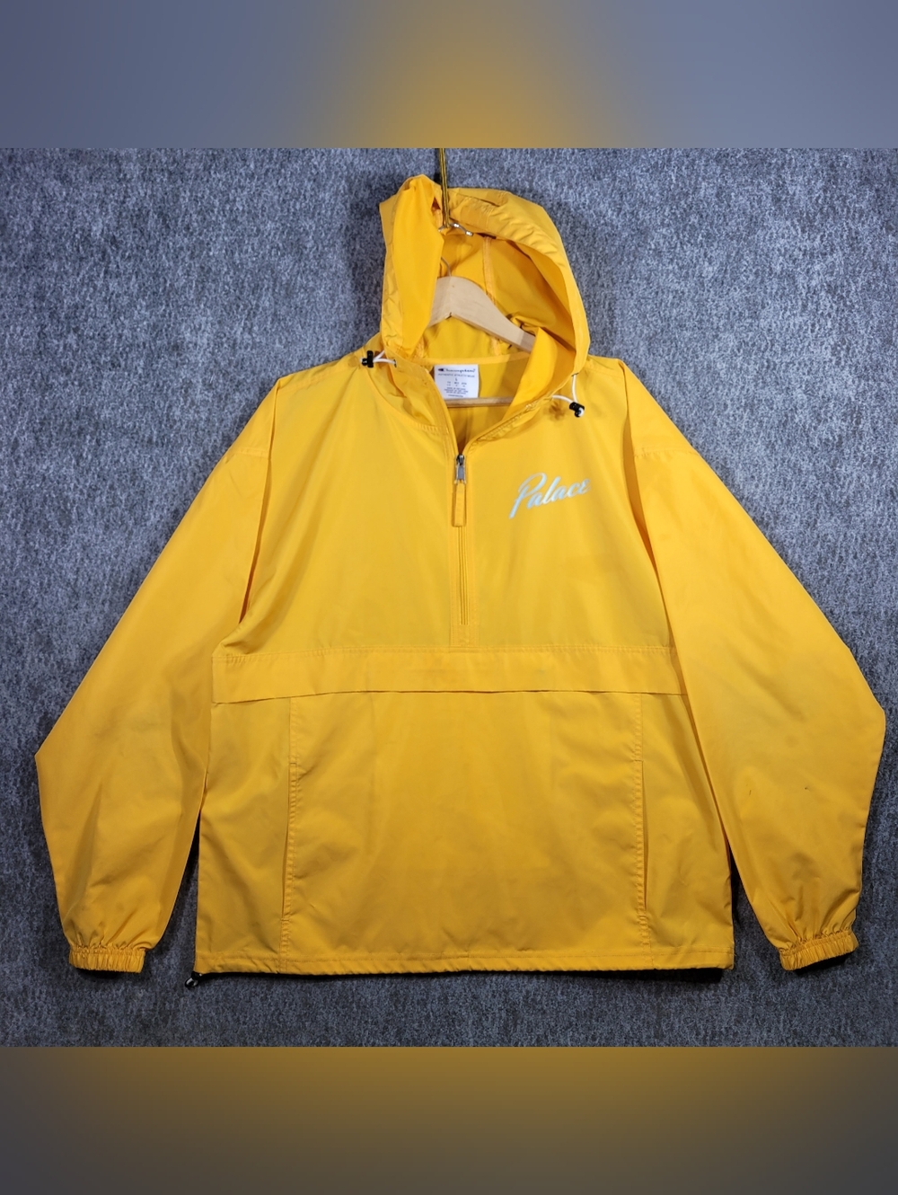 CHAMPION Packable Windbreaker Jacket Mens Large Yellow Gold Anorak Half Zip Hood